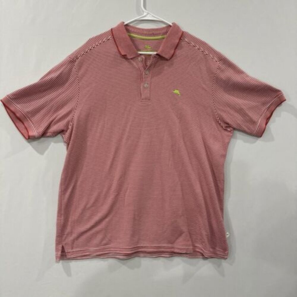 Tommy Bahama Men's XL Red/White Striped Cotton Blend S/S Polo Golf Shirt EUC